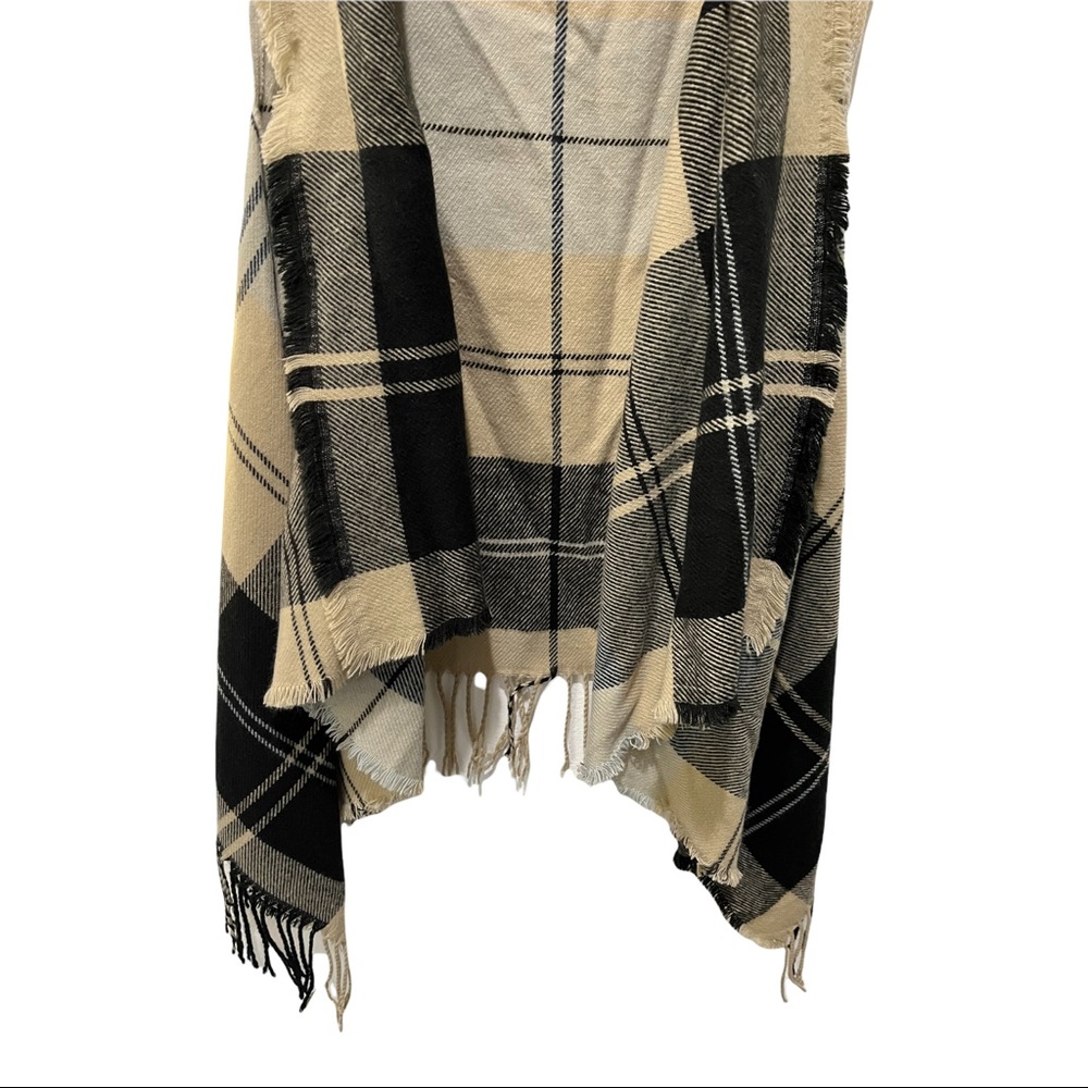 LILDY PLAID BEIGE AND BLACK FRINGED OPEN FRONT WATERFALL CARDIGAN VEST SZ L/XL - Picture 7 of 11